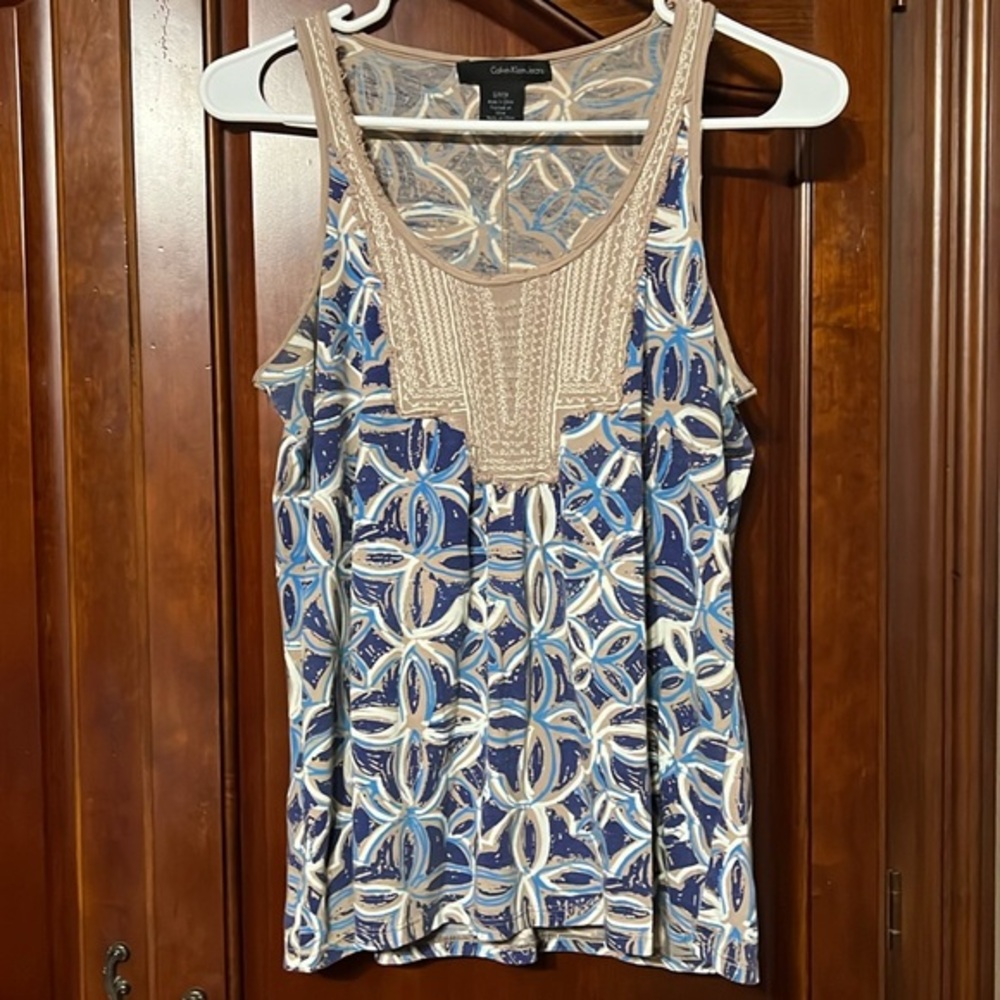 CALVIN KLEIN JEANS sleeveless blue, tan, turquoise,  white Size S top